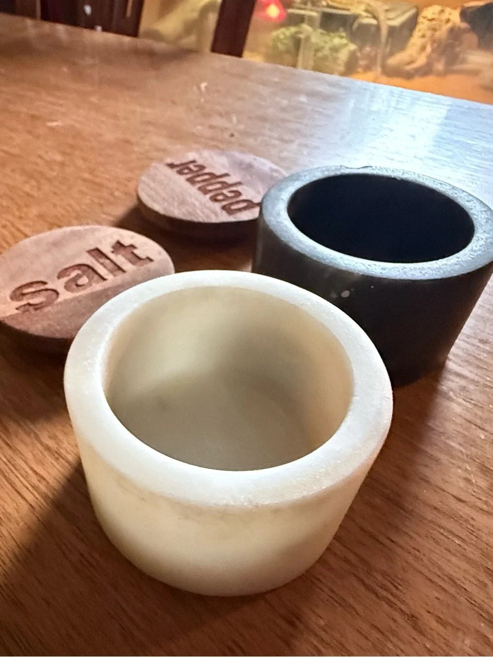 Wood Top Salt & Pepper Ceramic Jars - White & Black